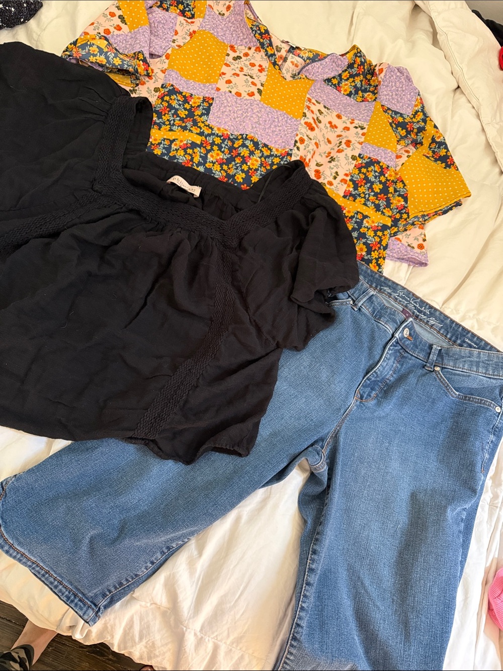 Boho Patchwork Floral Top + Black Peasant Blouse + Light Wash Denim capris